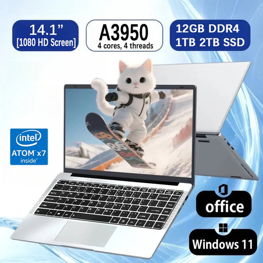 2025 Office Laptop Windows 11 Intel Atom x7 A3950 Notebook PC Gamer 12GB RAM 512GB 1TB SSD 1920*1080 Office Computer