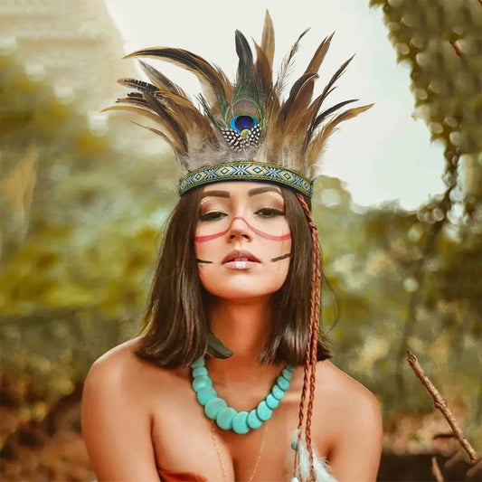 Feather Headbands For Women Crown Peacock Costume Indian Mardi Carnival Headbands Headdress For Dance Show Carnival Halloween
